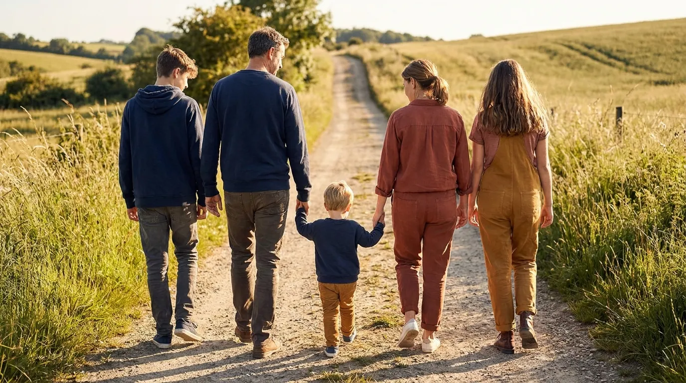 Eine Familie geht bei Abendsonne gemeinsam einen Feldweg entlang