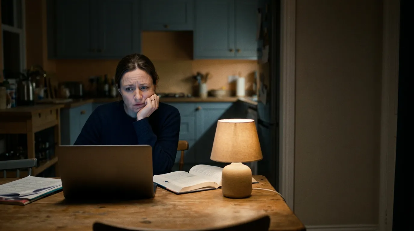 Eine Mutter sitzt nachts allein am Küchentisch vor ihrem Laptop