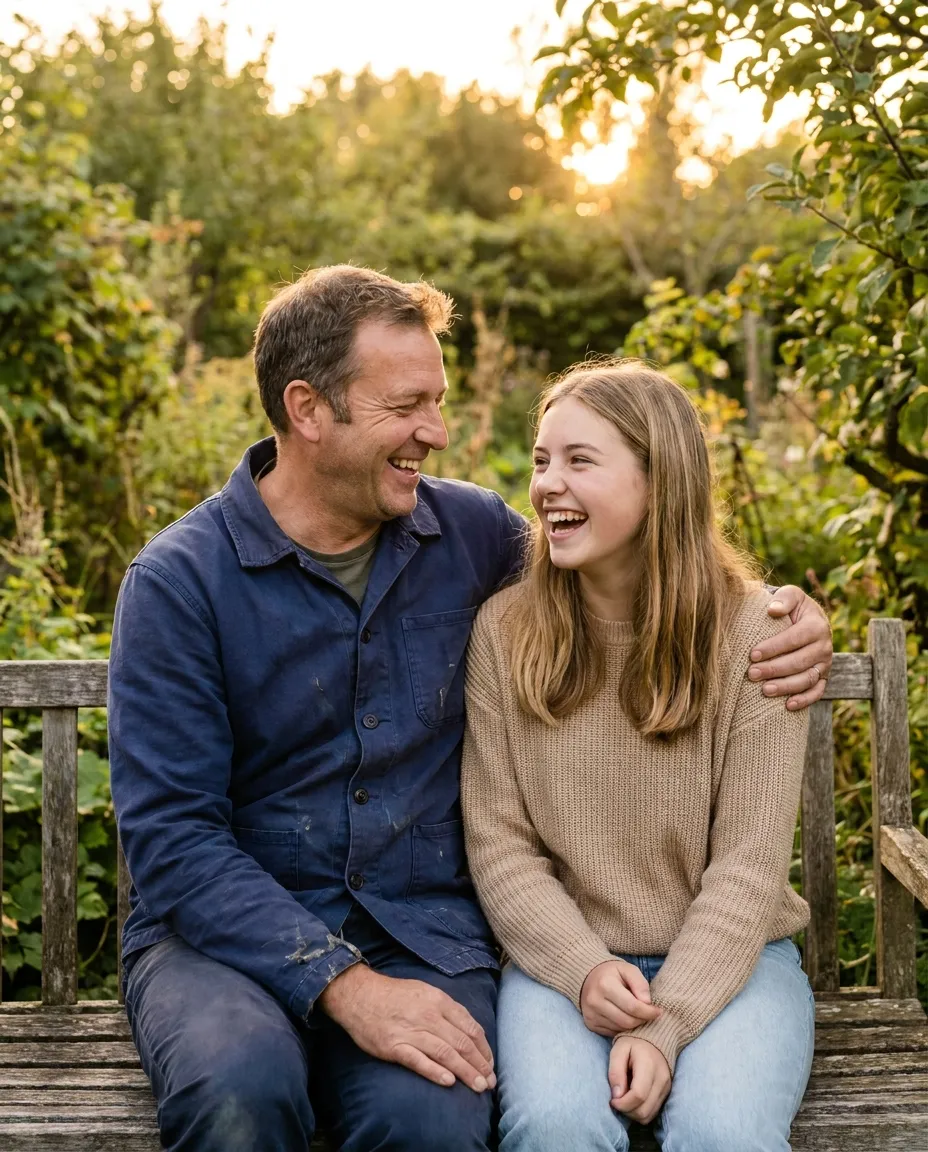 Ein Vater und seine Tochter lachen gemeinsam auf einer Gartenbank