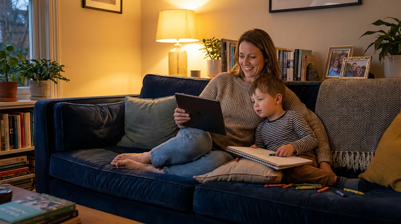 Eine Mutter liest abends auf dem Sofa, ihr Sohn malt an sie gelehnt